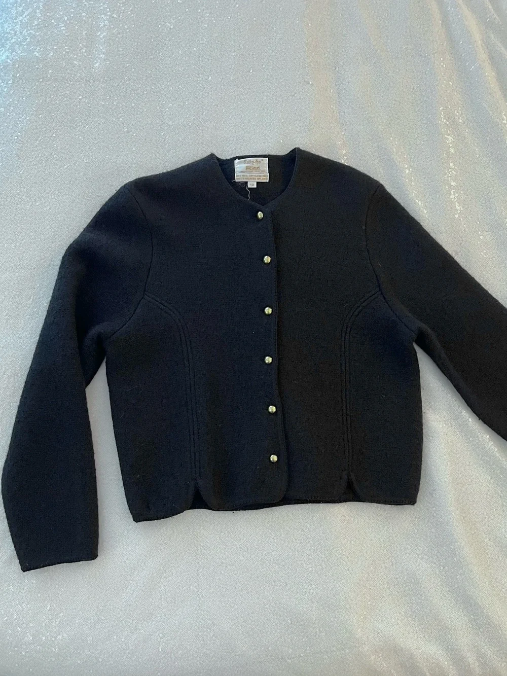 Vintage 1990s Tally Ho Black Cardigan Jacket with Gold Buttons and Scalloped Hem